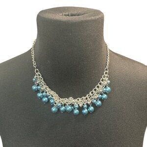 Silver Chain Necklace & Earrings Set With Blue Bead Accents